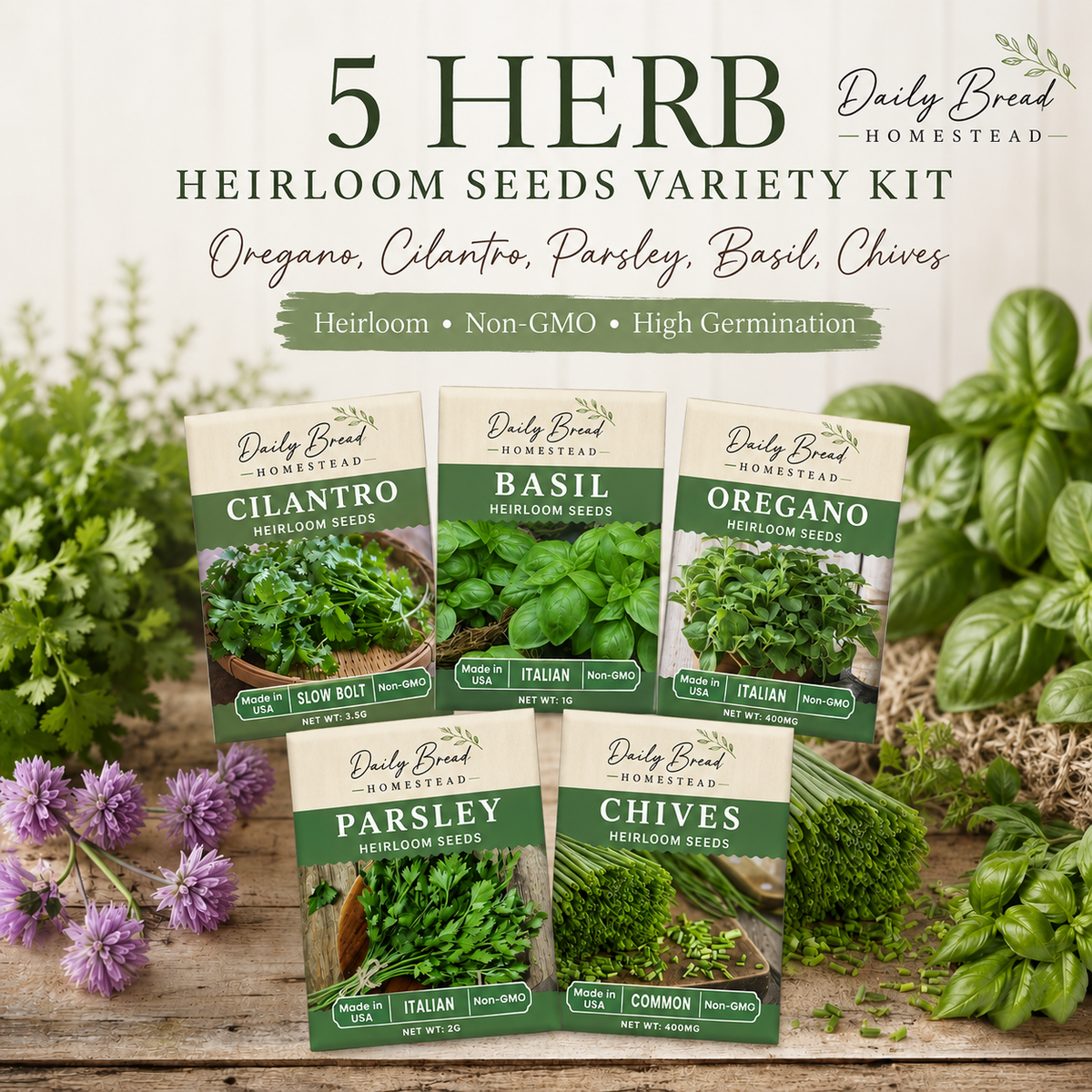 5 Herb Heirloom Seed Variety Kit – Basil, Cilantro, Oregano, Parsley & Chives